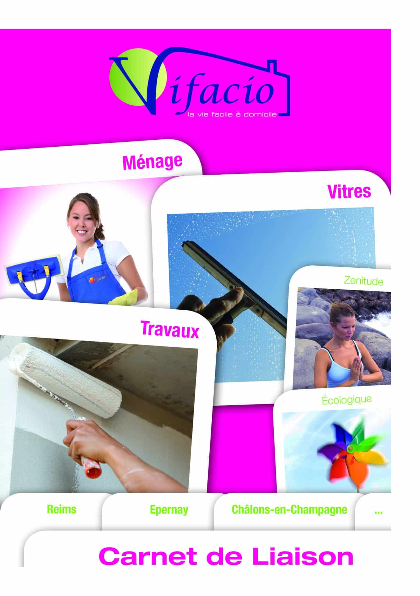 Découvrez les services haut de gamme de Vifacio ! Notre flyer montre une femme nettoyante avec expertise. Découvrez nos rubriques sur mesure : "Ménage", "Vitres" et "Travaux". Particuliers ou entreprises, nous répondons à vos besoins régionaux avec excellence.