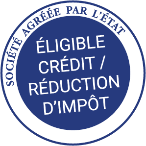 Badge bleu : "Société agréée par l'État", "Éligible crédit d'impôt". Parfait pour ménage haut de gamme.