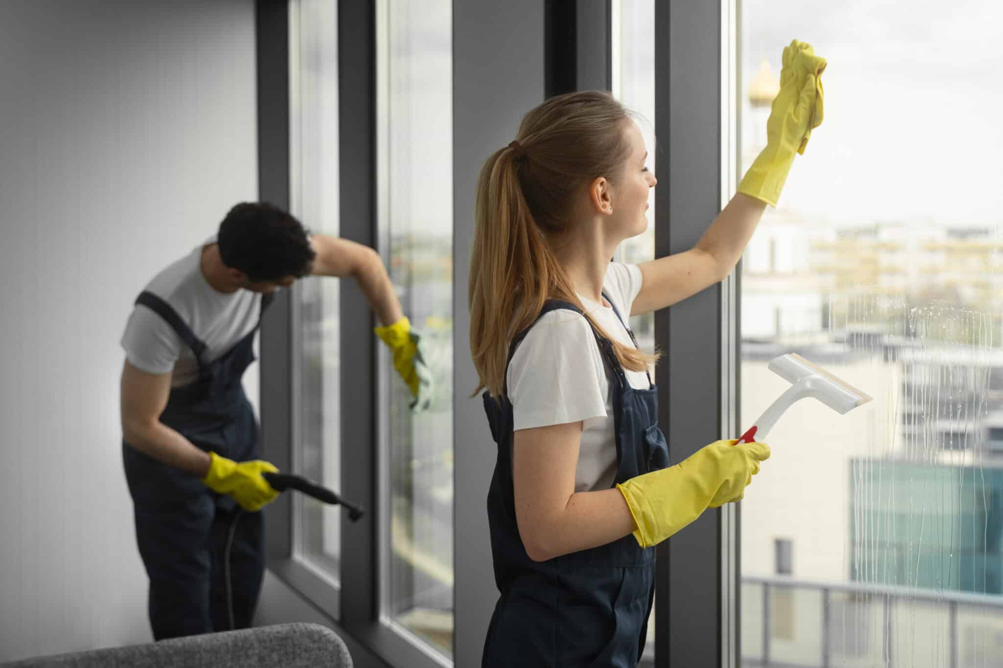 Nettoyeurs en tenue, gants jaunes, lavent soigneusement les vitres intérieures.