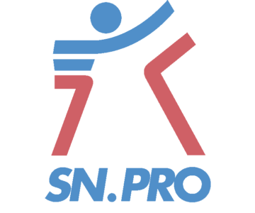 Logo avec figure stylisée bleue et rouge, texte "SN Pro".