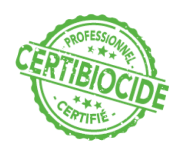 Tampon vert rond " Certibiocide Professionnel Certifié ", gage de qualité pour Vifacio, Reims.